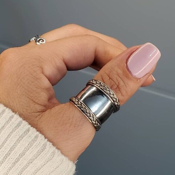 Concave Ring, Bali Sterling Silver Ring - Braided Wide Band Ring, Statement - Picture 8 of 9